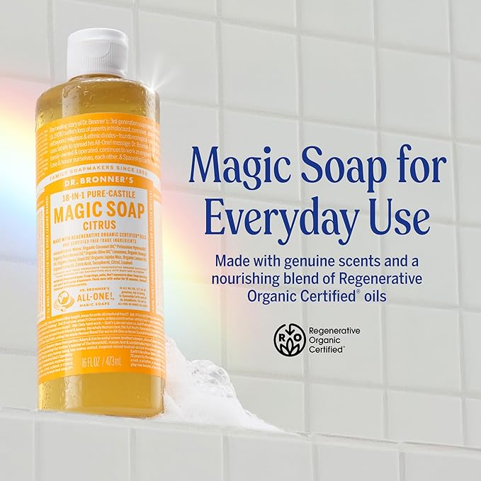 Dr. Bronner's Pure-Castile Magic Liquid Soap (Citrus, 16 Ounce, 2-Pack)- Made with Regenerative Organic Certified Oils, 18-in1 Uses: Face, Hair, Hand & Body Soap, Laundry, Pets- Concentrated, Vegan