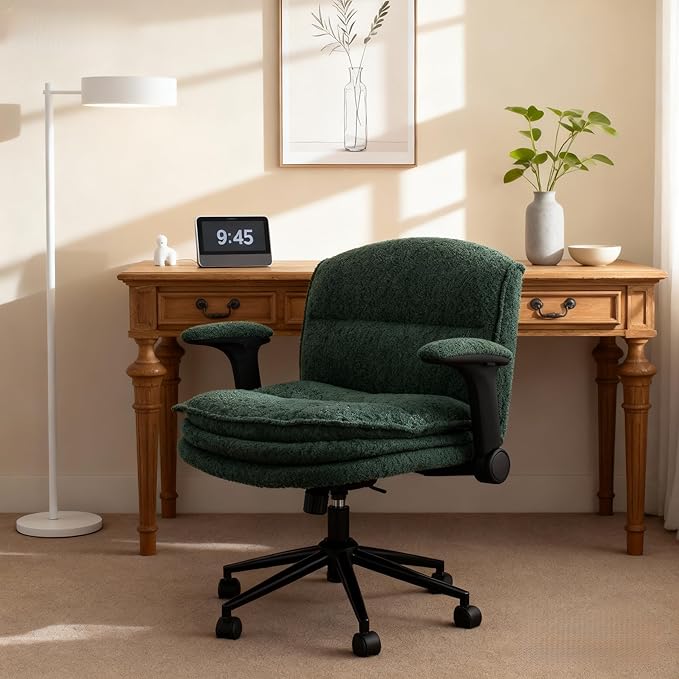 Dowinx Criss Cross Chair, Ergonomic Office Desk Chair with Adjustable Flip-Up Arms and Wheels, Wide Seat Armchair with 3-Layer Cushions for Home Office, Living Room, or Bedroom – Deep Green
