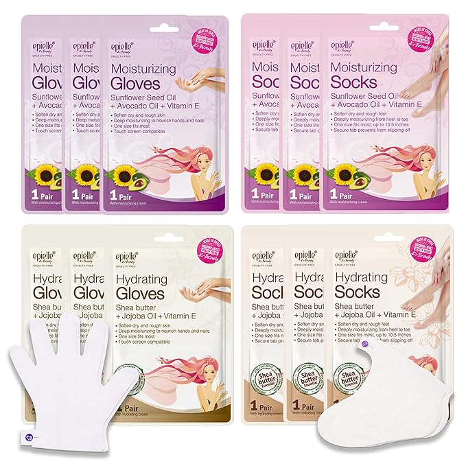 Epielle Hydrating & Moisturizing Hand & Foot Masks, Relieve and Soften Dry, Rough Skin, Self Care Gifts for Women, Spa Kit, Easter Basket Stuffers, 6 Moisturizing Gloves & 6 Moisturizing Socks