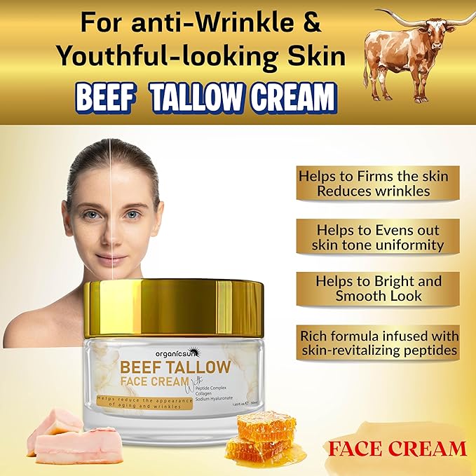 Beef Tallow Face Cream - 100% Grass Fed Anti Aging Moisturizer with Copper Peptides, Honey & Collagen for Wrinkles & Firming