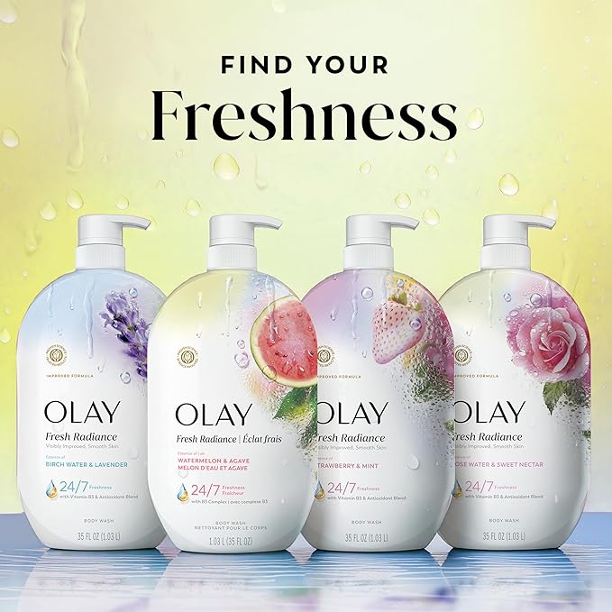 Olay Body Wash for Women, Fresh Radiance, 24/7 Skin-Loving Freshness, Visibly Radiant, Plant Based Cleansers, Vitamin B3 & Antioxidant Blend, For All Skin Types, Watermelon & Agave Scent, 35 fl oz