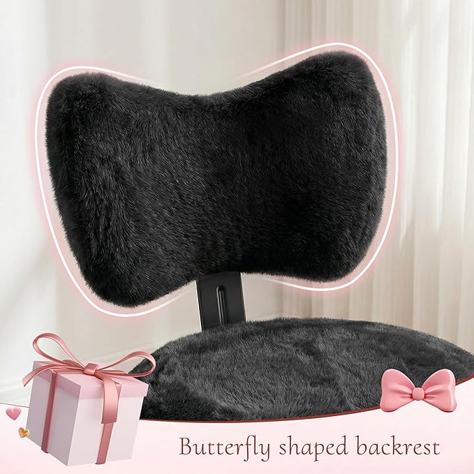 Vanity Chair with Wheels, Cute Desk Chair with Bow Backrest, Fluffy Faux Rabbit Fur Small Office Chair for Vanity, Make-up Room, Bedroom, Dorm, Height Adjustable, Black