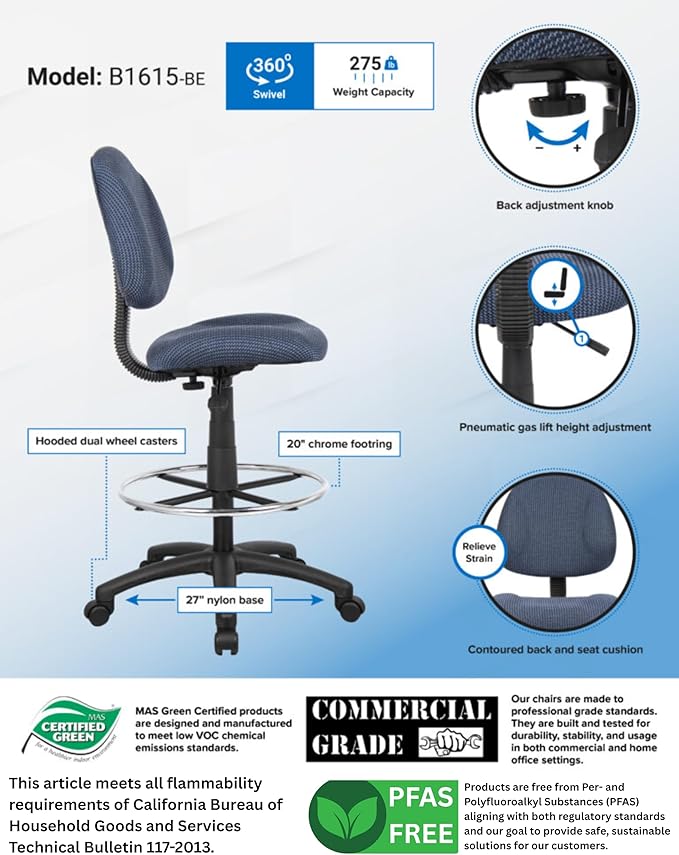 Boss Office Products Ergonomic Works Drafting Chair Without Arms in Blue, mid-Back (B1615-BE)