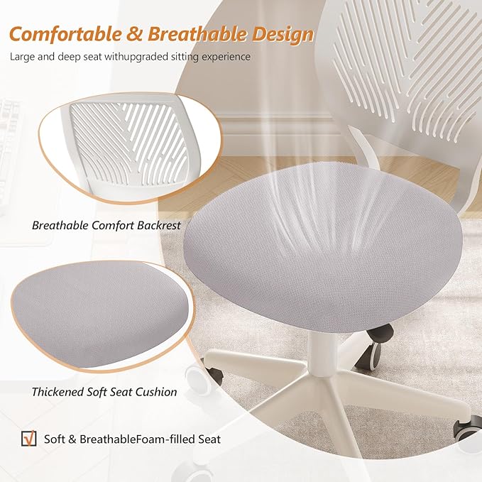 Armless Desk Chair, Height Adjustable Swivel Office Rolling Task Chairs with Soft Mesh Padded Cushion, Ergonomic Small Study Computer Chair for Girls Boys Teens (Gray, 4PCS)