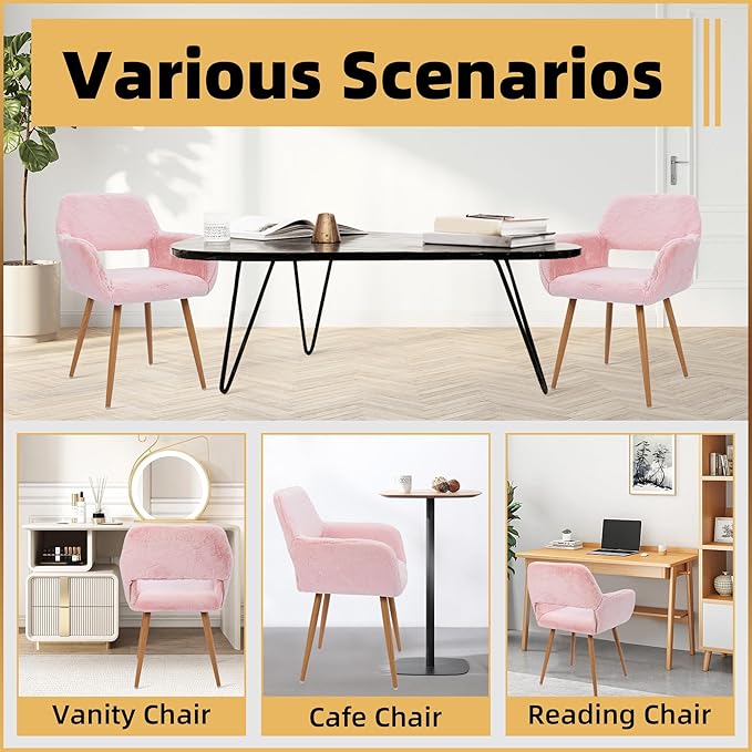 Furry Desk Chair, Modern Home Office Chair Without Wheels, Faux Fur Vanity Chair with Hollow Backrest, Comfy Armchair Wood Frame with Strudy Metal Legs, Pink