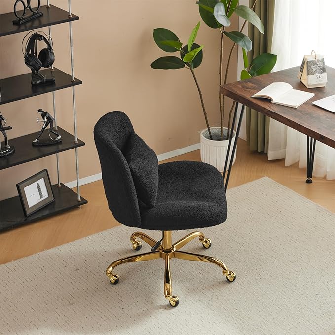 VINGLI Wide Criss Cross Legged Office Chair,Buttprint Ergonomic Desk Chair Comfy with Pillow&Gold Base,Dual-Use with/no Wheels,Adjustable Vanity Swivel Chair for Bedroom,Home Office,Teddy Fleece,Black