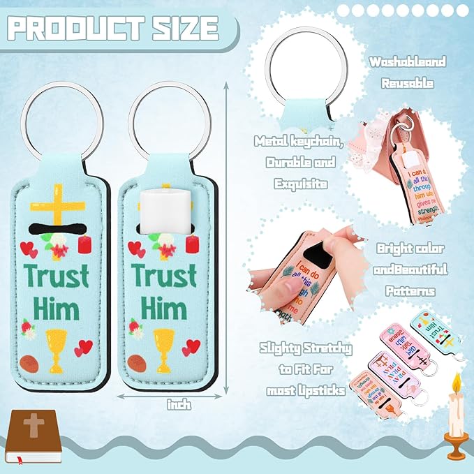 72 Pcs Christian Bible Lipstick Holder Key Chain Lip Balm Holder Gift Bulk with Metal Ring Lipstick Lip Gloss Pouch Religious Party Bible Inspiration Gift for Women Man Church(Cute)