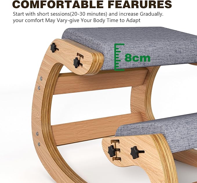Ergonomic Kneeling Chair with Wooden Frame - Adjustable Height Office Chair with Soft Padding for Back Pain Relief, Posture Correcting Home & Office Desk Chair Wood