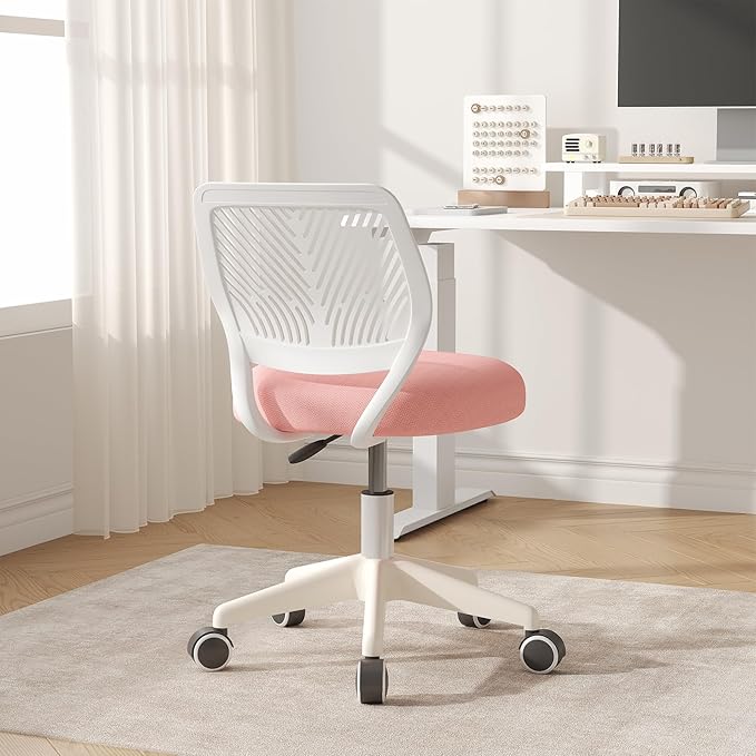 Armless Desk Chair, Height Adjustable Swivel Office Rolling Task Chairs with Soft Mesh Padded Cushion, Ergonomic Small Study Computer Chair for Girls Boys Teens (Pink, 2PCS)