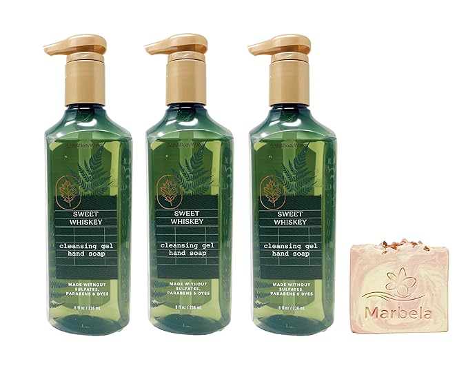 Bath & Body Works Sweet Whiskey 3 Pack of Cleansing Gel Hand Soaps and a Himalayan Salts Springs Bar Soap