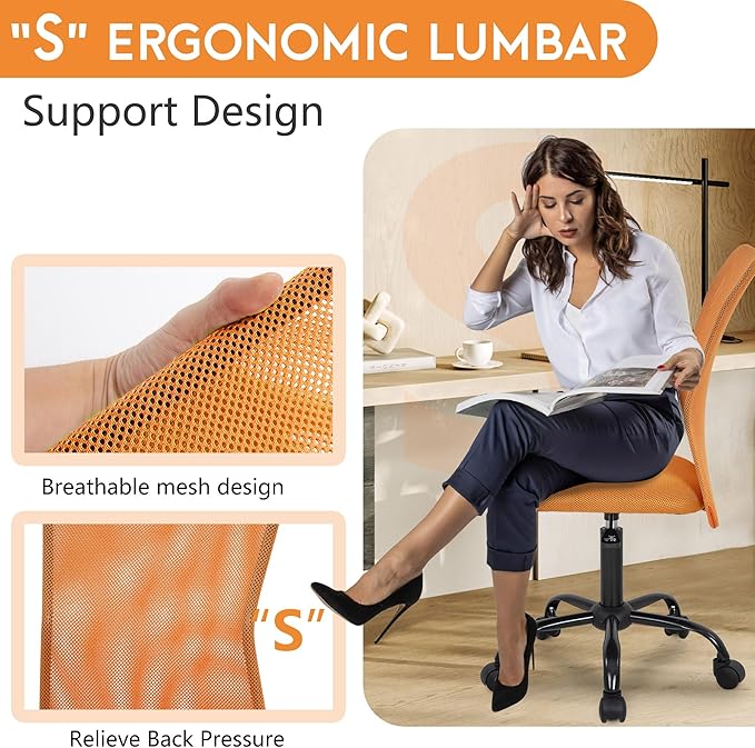 FDW Home Office Chair Mid Back Mesh Desk Chair Armless Computer Ergonomic Task Rolling Swivel Chair Back Support Adjustable Modern with Lumbar Support (Pack of 2, Orange)