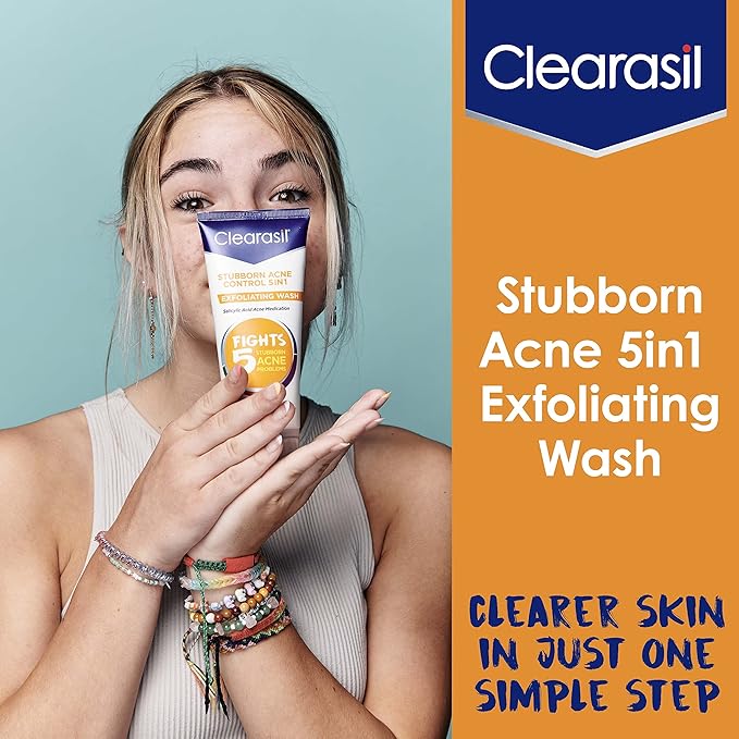 Clearasil Stubborn Acne Control 5in1 Exfoliating Wash, Maximum Strenght with 2% Salicylic Acid Acne Treatment Medicine, Daily Acne Facial Cleanser 6.78 fl oz