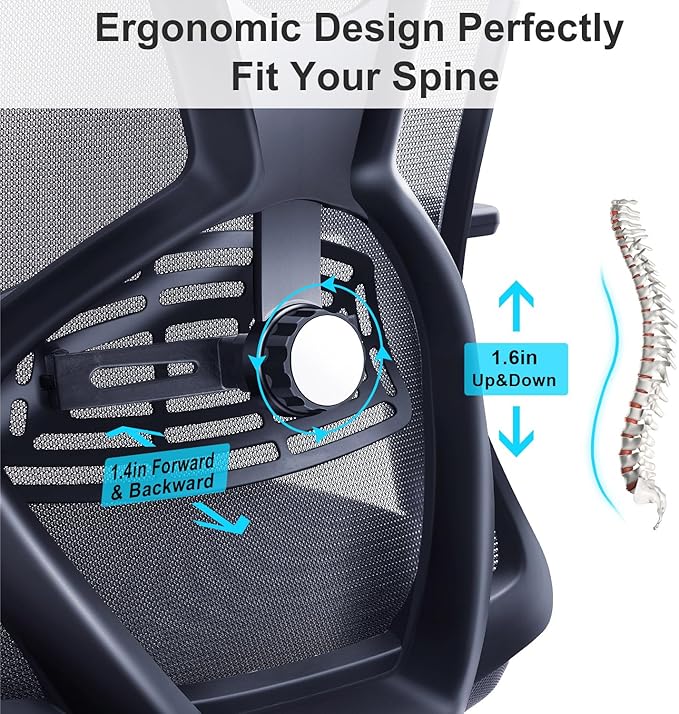 Ticova Ergonomic Office Chair - High Back Desk Chair with Adjustable Lumbar Support & 3D Armrest - 130°Reclining & Rocking Mesh ComputerChair with Thick Seat Cushion & Rotatable Headrest