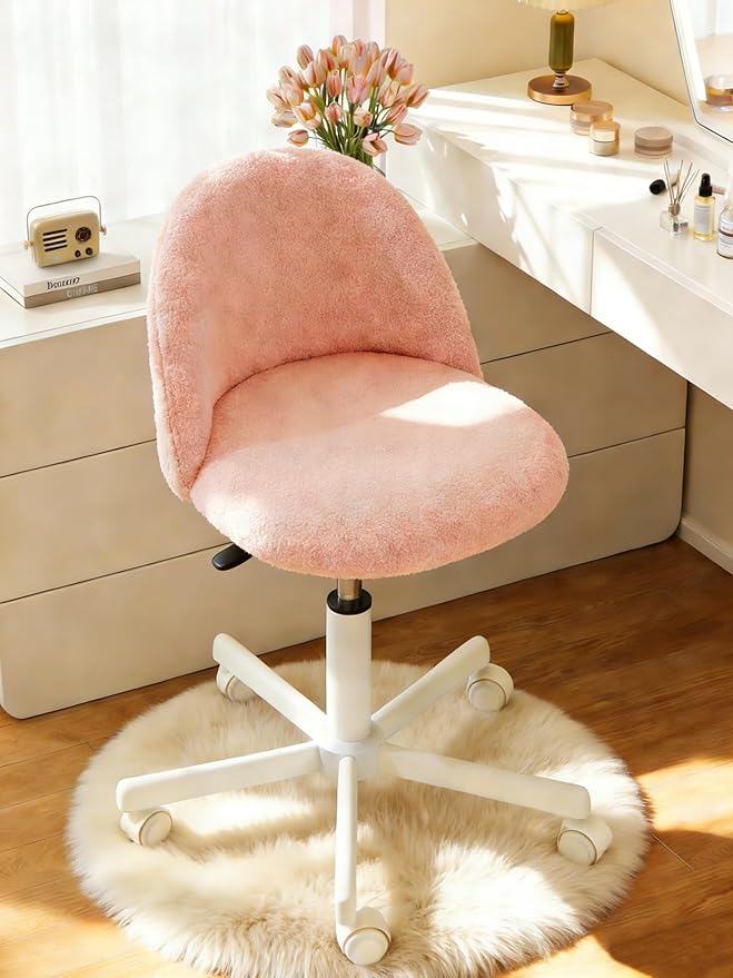 WAYTRIM Pink Vanity Chair with Wheels - Swivel Makeup Chair Small Computer Chair with Back Adjustable Height Desk Chair for Girl & Woman, Cozy Fuzzy Velvet Chair for Bedroom & Home Office