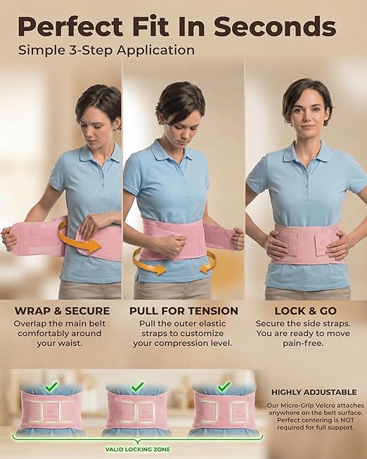 Sparthos Women's Back Brace for Lower Back Pain - Pink Lumbar Support Belt for Sciatica Relief - Breathable Lower Back Brace for Women - Fits 38–44″ Waist (Medium)