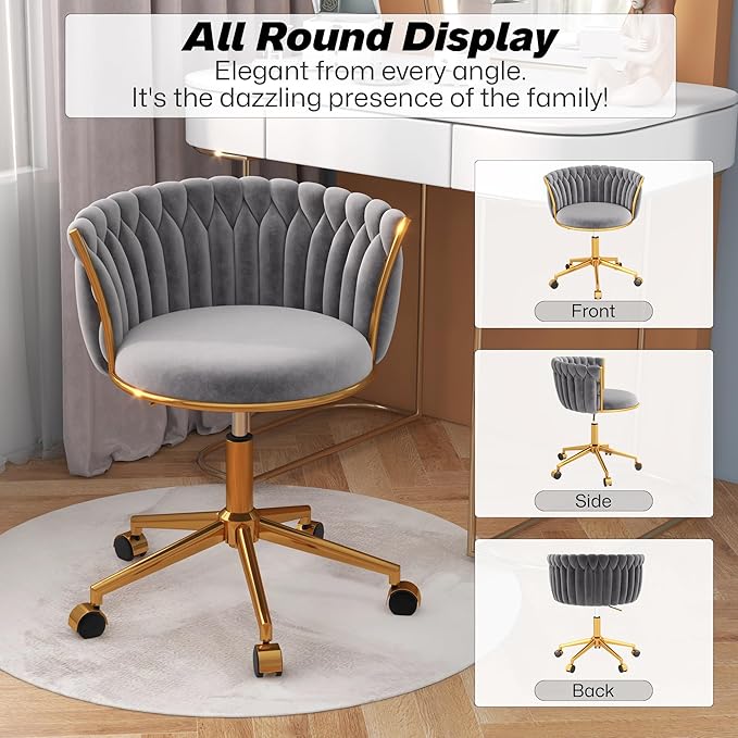 Velvet Woven Home Office Chair, Modern Swivel Desk Chair with Wheels, Height Adjustable Vanity Chair with Gold Metal Base and Hand Weaving Back for Bedroom Study Small Space, Gray