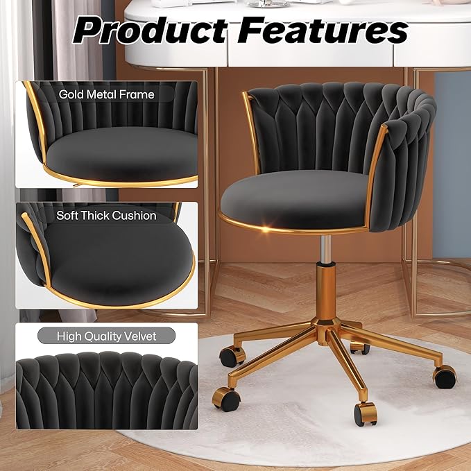 Velvet Woven Home Office Chair, Modern Swivel Desk Chair with Wheels, Height Adjustable Vanity Chair with Gold Metal Base and Hand Weaving Back for Bedroom Study Small Space, Black