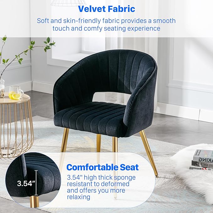 Home Office Chair Velvet Desk Chair Accent Armchair Upholstered Modern Tufted Chairs with Gold Legs for Girls Women Ergonomic Study Seat Computer Task Stools for Living Room(Black)
