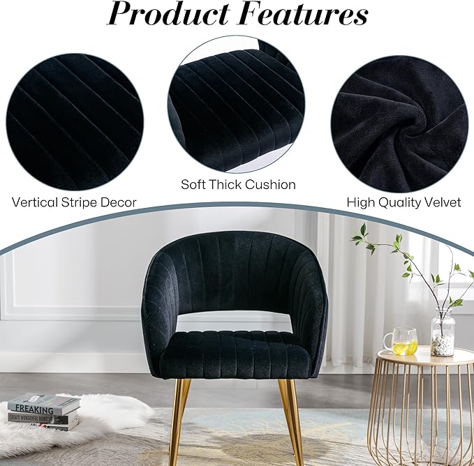 Modern Velvet Vanity Chair, Home Office Desk Chair with Hollow Back, Upholstered Dining Chair with Gold Metal Legs, Comfy Accent Armchair for Living Room Bedroom, Black