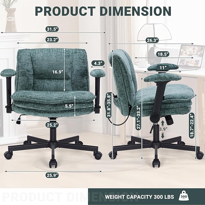 Criss Cross Chair with Wheels and Flip Arms, Upholstered Cross Legged Office Chair with 3 Layer Cushions&Dynamic Airbag Lumbar Support, Wide Seat Comfy Desk Chair for Home Office, Living Room, Green