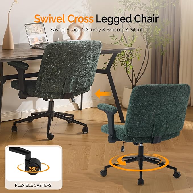 VINGLI Criss Cross Chair with Adjustable Flip-Up Arms,Cross Legged Chair with Wheels,Extra Wide Office Chair,Desk Chair for Home,Office,Vanity,Bedroom,Apartment,Starry Chenille,Dark Green