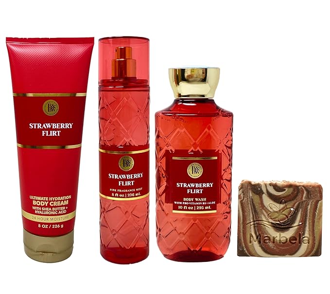 Bath & Body Works Strawberry Flirt Trio Gift Set - Body Cream, Fragrance Mist and Body Wash - with a 4 oz Marbela Clay Baby Bar Soap - Full Size