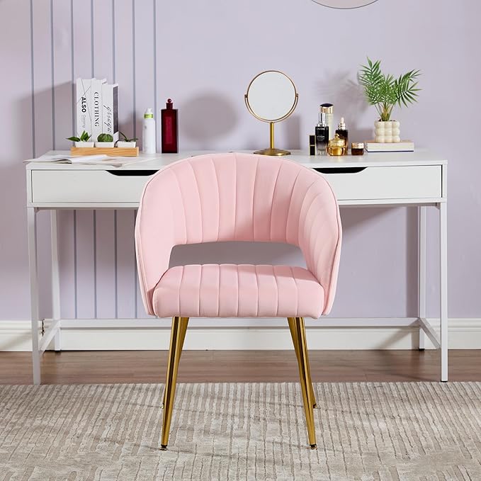 Modern Velvet Vanity Chair, Home Office Desk Chair with Hollow Back, Upholstered Dining Chair with Gold Metal Legs, Comfy Accent Armchair for Living Room Bedroom, Light Pink