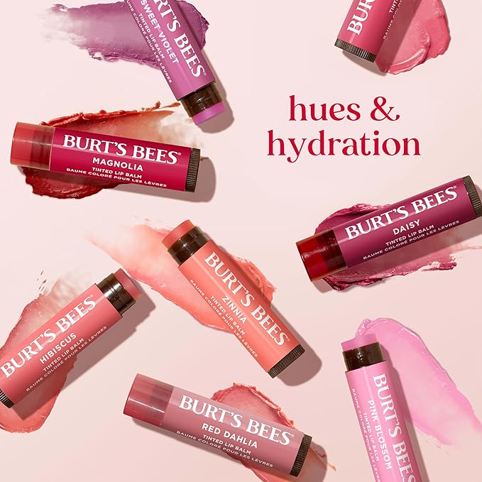 Burt’s Bees Tinted Lip Balm Value Pack Includes 3 Lip Balms: Red Dahlia, Daisy and Rose; 8 Hour Moisture; Provides a Hint of Color; Nourishing Shea Butter; 100% Natural Origin; 3 Tubes; 3x0.15 Oz.