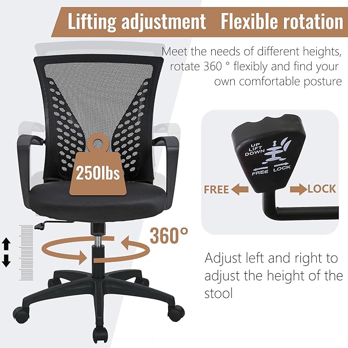 FDW Home Office Chair Mid Back PC Swivel Lumbar Support Adjustable Desk Task Computer Ergonomic Comfortable Mesh Chair with Armrest (Black)