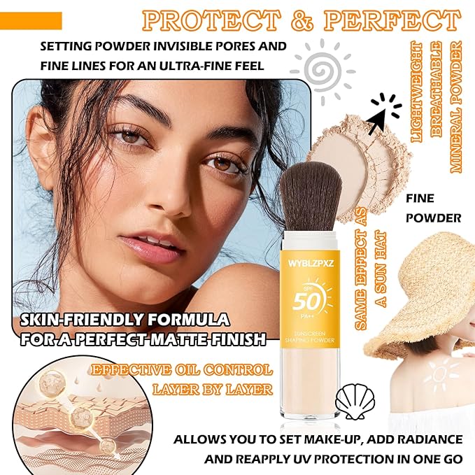 2 Pcs Mineral Sunscreen Setting Powder SPF50 PA++ for Face,Long-Lasting Oil Control Sunscreen Brush Powder,Matte Transparent Facial Powder Sunscreen,All Skin