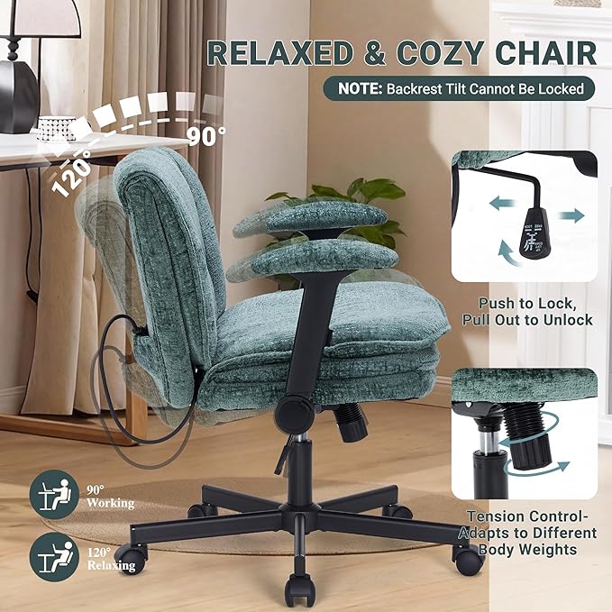 Criss Cross Chair with Wheels and Flip Arms, Upholstered Cross Legged Office Chair with 3 Layer Cushions&Dynamic Airbag Lumbar Support, Wide Seat Comfy Desk Chair for Home Office, Living Room, Green