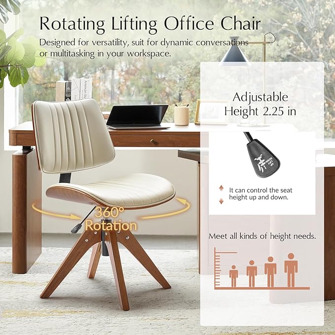 HULALA HOME Faux Leather Home Office Chair with Solid Wood Legs, 360° Swivel Desk Chair No Wheels with Bentwood Design, Mid-Century Modern Wide Seat Computer Task Chair, Ivory