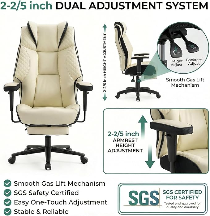 Big and Tall Office Chair 500lbs - 23.6" Extra Wide Seat Ergonomic Executive Chair, Heavy Duty Metal Base High Back Leather Office Chair with Footrest, Lumbar Support & Adjustable Arm, Beige