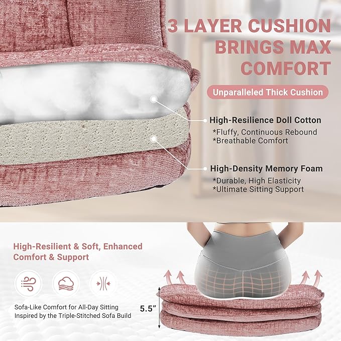 Criss Cross Chair with Wheels and Flip Arms, Upholstered Cross Legged Office Chair with 3 Layer Cushions&Dynamic Airbag Lumbar Support, Wide Seat Comfy Desk Chair for Home Office, Living Room, Pink