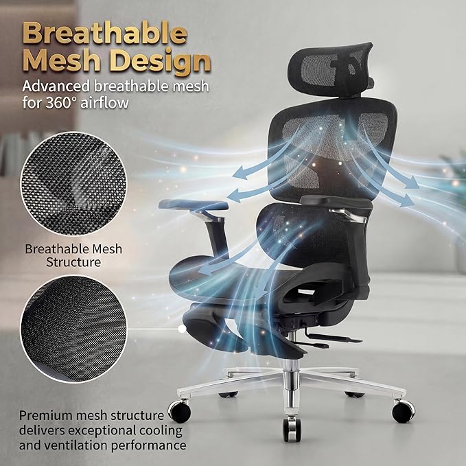 Ergonomic Office Chair with Footrest & Massage Lumbar Support – Adjustable Seat Depth & Back Height Reclining Big and Tall 400LBS Mesh Chair, 4D Headrest & 6D Armrests, for Home Office/Gaming (Black)