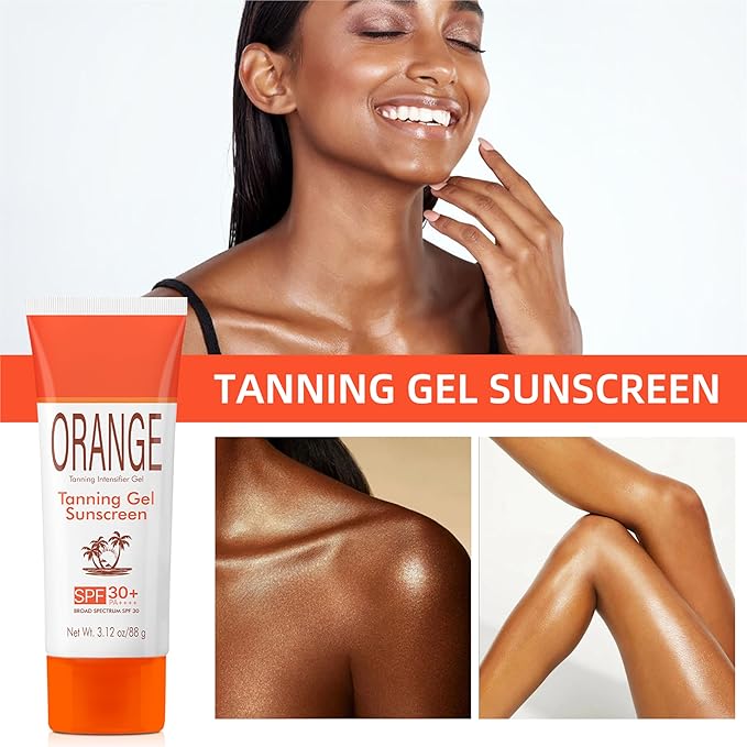 Orange Tanning Gel Sunscreen SPF 30+ – Hydrating Balm-to-Oil Bronzing Formula with Coconut Oil, Vitamin E & A – Non-Greasy Sunblock for Smooth, Glowing Skin – 3.12 oz (1)
