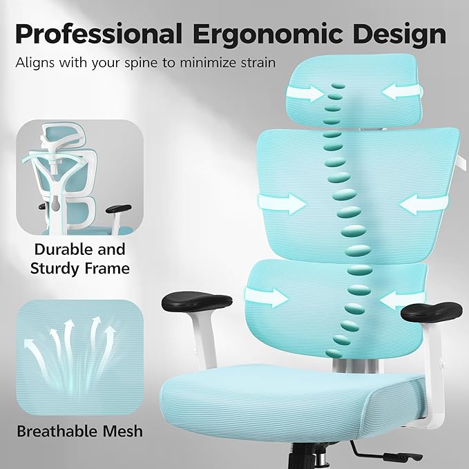Ergonomic Office Chair High Back Desk Chair with Lumbar Support, Breathable Mesh Computer Chair with Adjustable Armrests Height, Reclining Swivel Big and Tall Gaming Chair for Home Office(Light Blue)