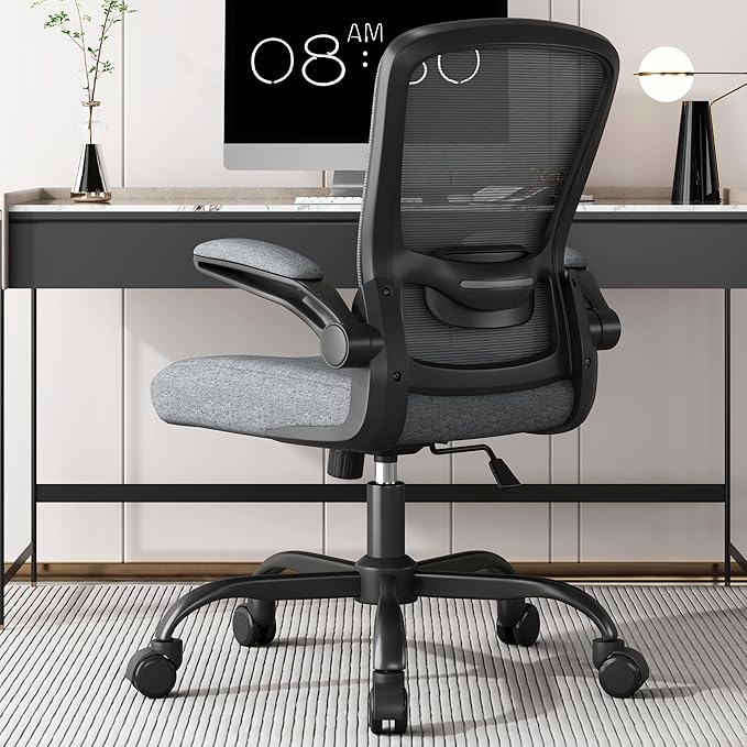 Mimoglad Ergonomic Office Chair - Desk Chair with Flip-up Armrests & 135° Recline, Adjustable Lumbar Support - Space-Saving Task Chair for Business/Team Office & Home (Iron Gray, 300lbs)