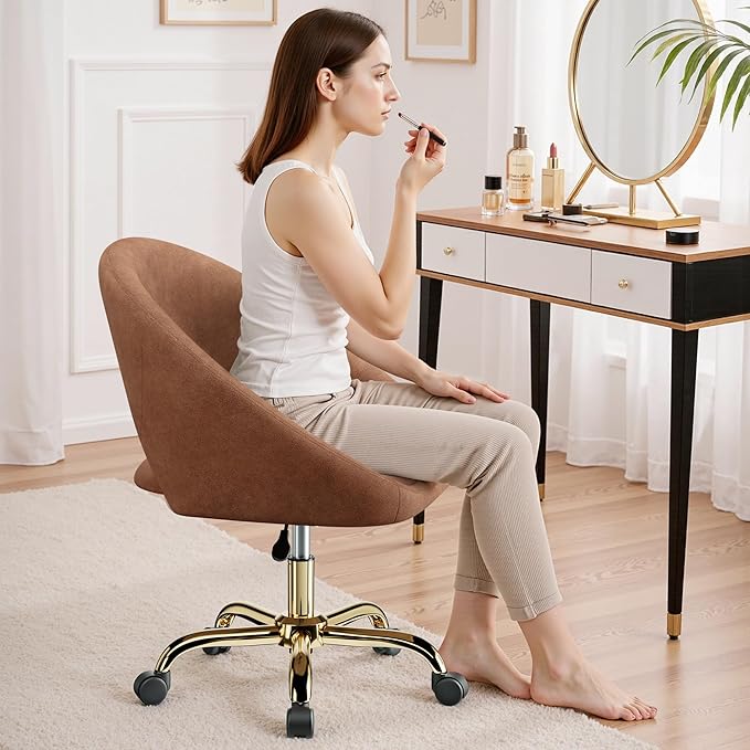 Vanity Chair with Wheels, Modern Makeup Vanity Chairs with Back Adjustable Height, Comfy Cute Home Office Desk Chairs for Bedroom, Living Room (Brown)