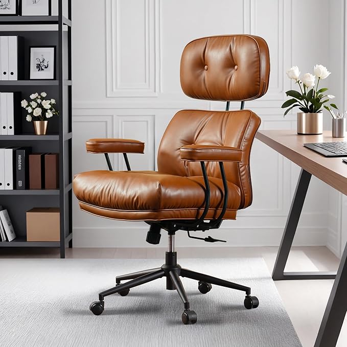 HOOOWOOO Ergonomic Office Chair,Mid Century Modern Computer Desk Chair,Comfy Executive Chair with Extra Wide Tufted Cloudy Seat Lumbar Support High Reclining Back,PU Leather Brown