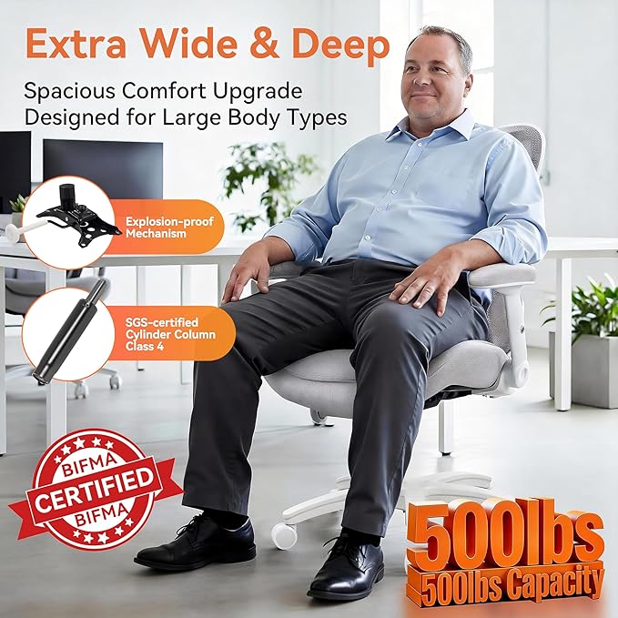 Big and Tall Office Chair 500lbs Heavy Duty Ergonomic Mesh Desk Chair with 23.6" Extra Wide Seat, 29.5" High Back, Adjustable Lumbar Support Flip-Up Arms for Large Body Types(Light Gray)