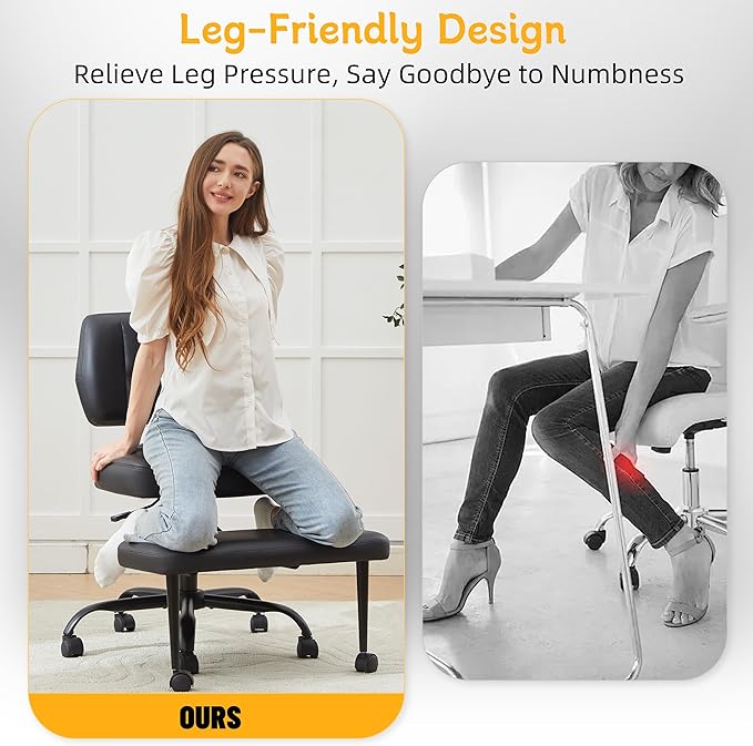 Criss Cross Legged Office Chair with Wheels,Swivel Meditation Chair for ADHD,Ergonomic Cross Legged Desk Chair with Thicken Adjustable Footstool,PU Sitting Fidgeting Kneeling Chair for Home Yoga Black
