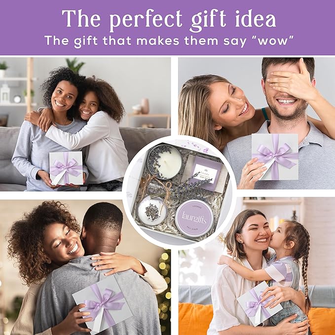 Lavender Spa Gift Box for Women – Small Candle Set with Bath Gifts, Relaxing Self Care Spa Set, Birthday Basket for Women, Mom & New Mom