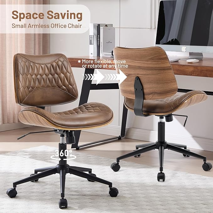 Walnut Bentwood Mid Back Armless Office Chair 2 Pack, Adjustable Height PU Leather Swivel Desk Chair with Wheels, Rolling Computer Task Chair for Home Office, Study, Meeting Room