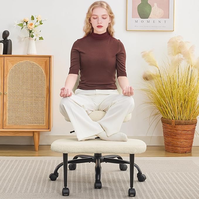 Criss Cross Legged Meditaion Chair,Exquisite Home Office Furniture,Ergonomic Kneeling with Lumbar Support and Adjustable Height Stool for ADHD Adults,Teddy Fabric (Beige)