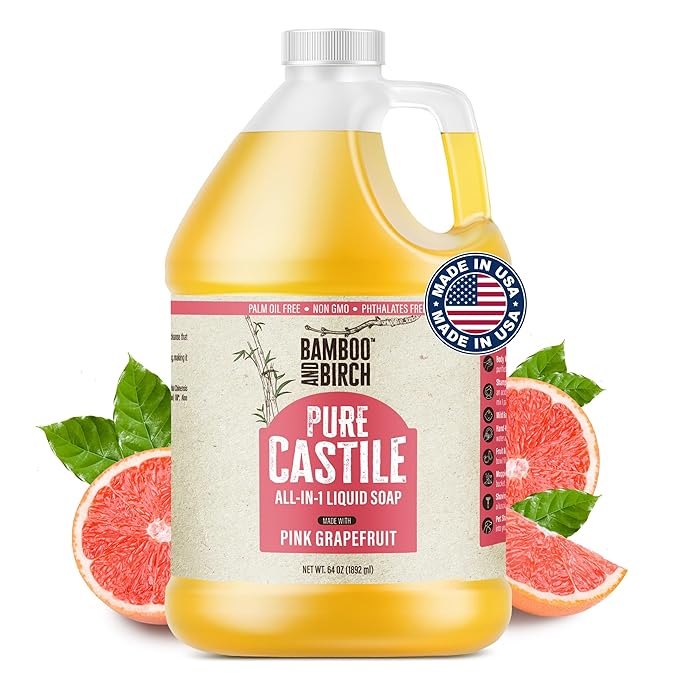 BAMBOO AND BIRCH Pure Castile Soap Liquid, Certified Palm Oil Free Natural Soap, Citrus Grapefruit, 64 oz