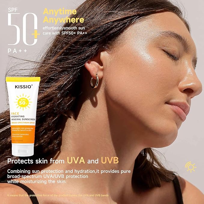 KISSIO Sunscreen For Face,with Zinc Oxide and Titanium Dioxide,Broad Spectrum Sunscreen,SPF 50,Hydrating Mineral,Non-greasy,Suitable for Sensitive Skin,2.5 FL OZ