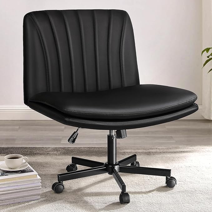 PUKAMI Criss Cross Chair,Comfy Cross Legged Office Desk Chair No Wheels,Modern Fabric Swivel Adjustable Height Mid Back Wide Seat for Home Office Computer (Pu Black with Wheels)