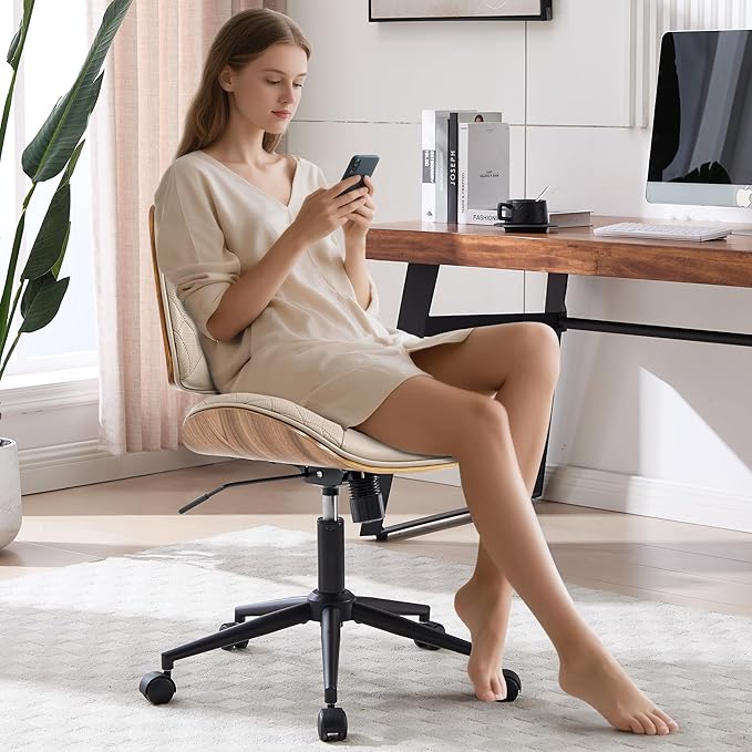 Walnut Bentwood Mid Back Armless Office Chair 2 Pack, Adjustable Height PU Leather Swivel Desk Chair with Wheels, Rolling Computer Task Chair for Home Office, Study, Meeting Room