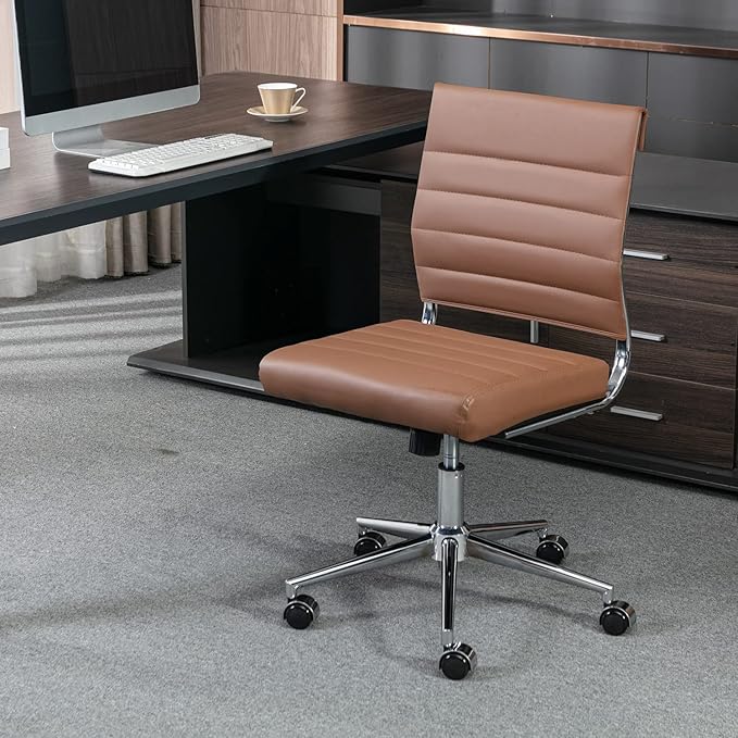 Okeysen Brown Armless Office Desk Chair, Mid Back Ergonomic Swivel Conference Room Chairs, Adjustable Height PU Leather Home Desk Chair, Modern Small Rolling Computer Task Chair